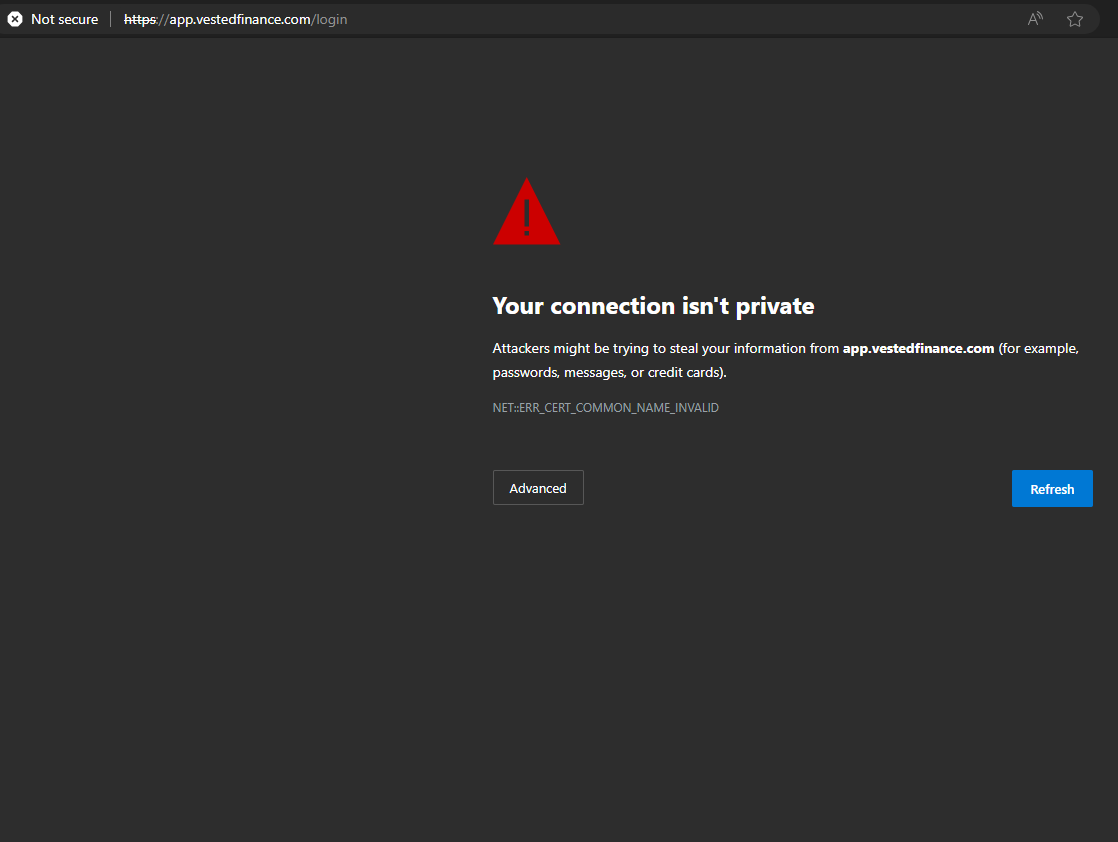kidcredo's tweet photo. @Vested_finance Your SSL certificate is not working anymore. https://t.co/jidbVKPbyr