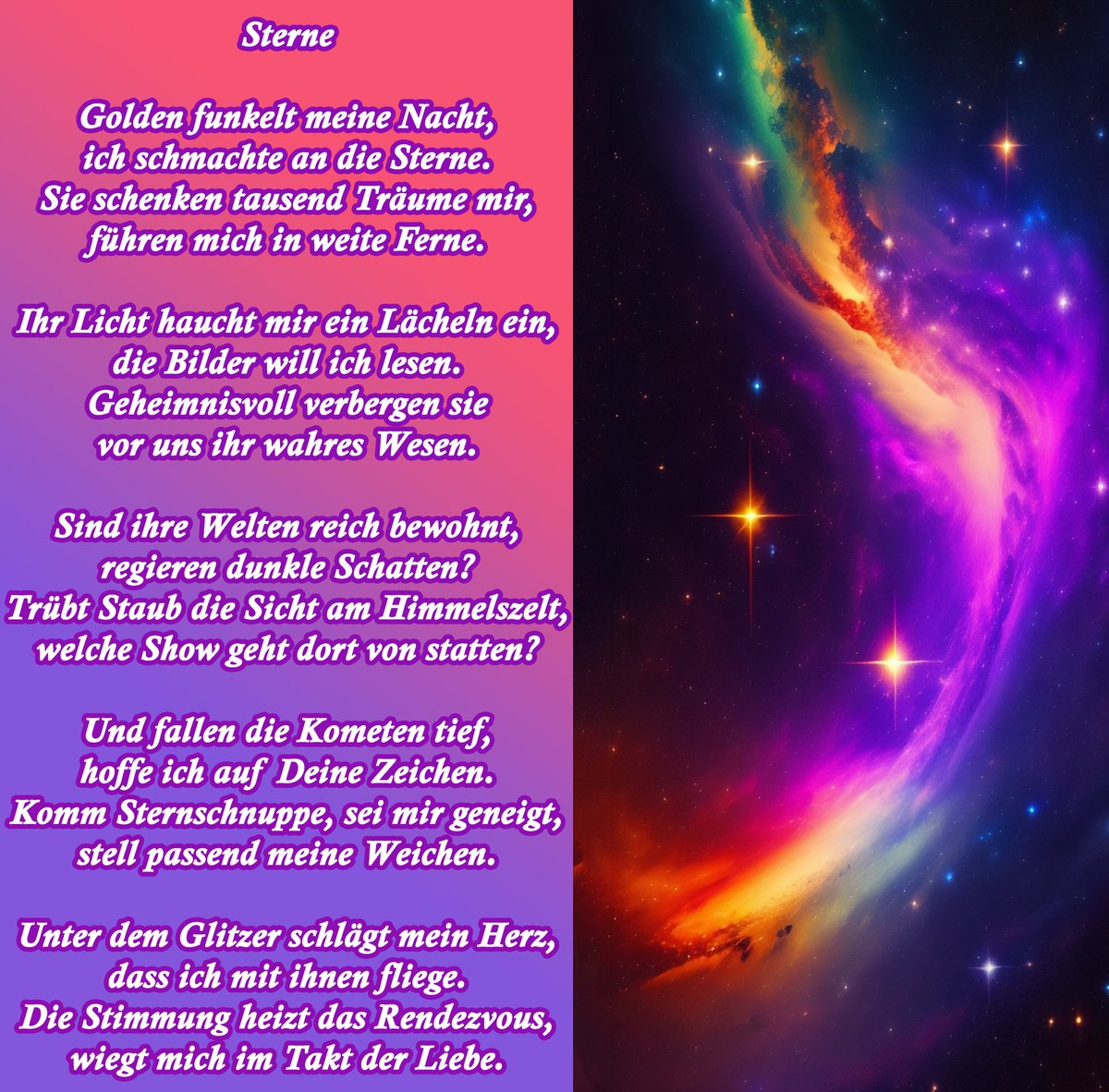 Kerstindreaming's tweet photo. Ihr Leuchten ✨ verspricht mir Wärme,
sehnsüchtig suche ich sie 👀
Allmächtig wie die Sterne 🌠
nur unsere Poesie 💖
Ich wünsche Euch einen funkelnden Tag 🎉 💕 🌹
#sterne #funkeln #versprechen #stimmung #drabble #sehnsucht #himmelszelt
#meintraumwirdwahr #zauber #schönemomente https://t.co/FUTjrYLSSi