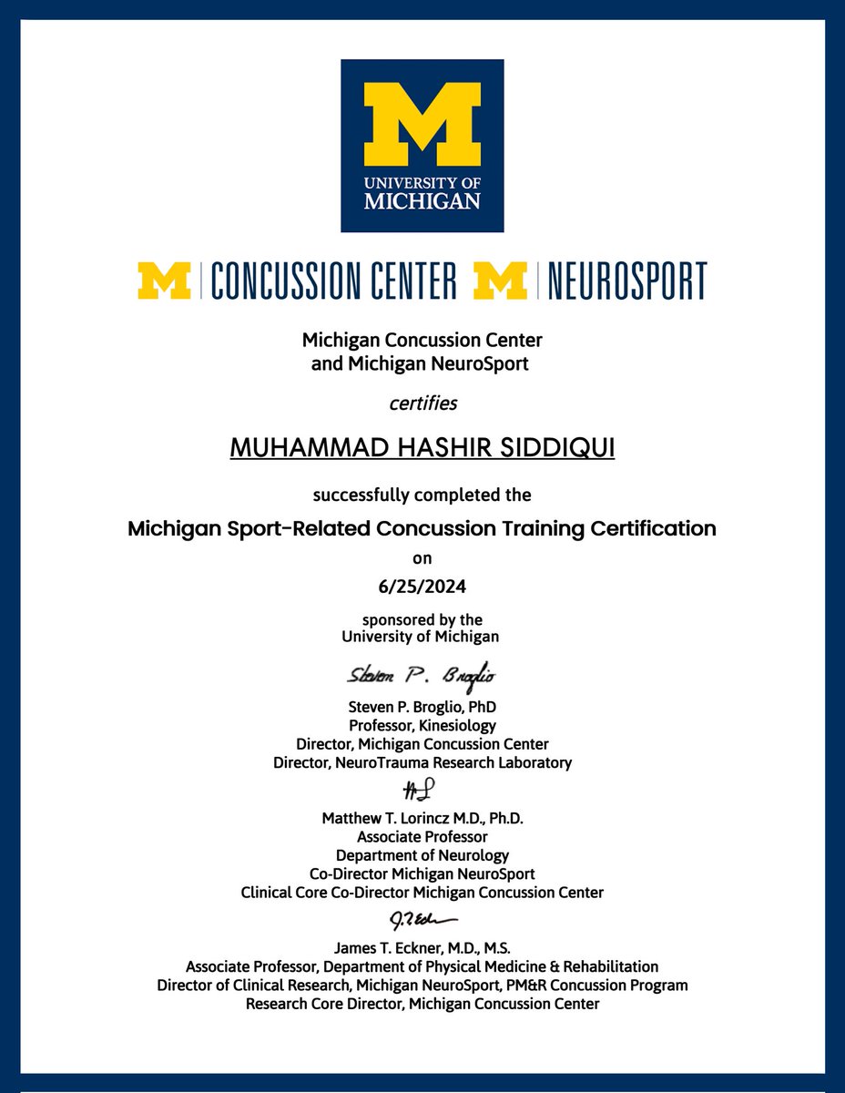 MHashirSiddiqui's tweet photo. Alhamdulillah! So happy to share my completion of certification in Sport-Related Concussion Training &amp; it's Rehabilitation from the Faculty of Neuro-Sport Department at the University of Michigan. Excited to apply this knowledge and contribute to the field of sports health! https://t.co/dk3060Srwb