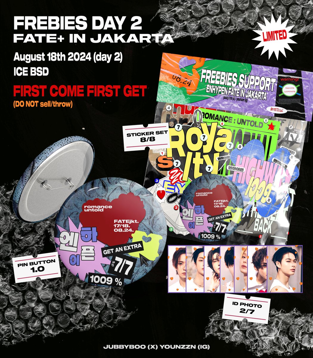 jubbyboo's tweet photo. 📢 #FATEPLUS_IN_JAKARTA freebies support by @jubbyboo / younzzn (ig)

RT &amp; like this post and show me on d-day

🍷August 18th 2024
🍷ICE BSD
🍷 DAY 2 (time to be announced)
*engene (ticket holders) only. 

more updates will be informed under this thread! see you❤️‍🔥 #ENHYPEN https://t.co/aH7NJ6T5qS
