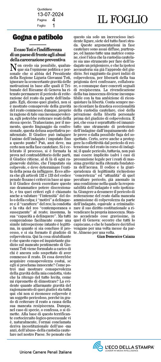 Non vi perdete questo bellissimo articolo. Sarebbe un peccato mortale. E' di Gian Domenico Caiazza - Presidente dell'Unione Camere Penali.