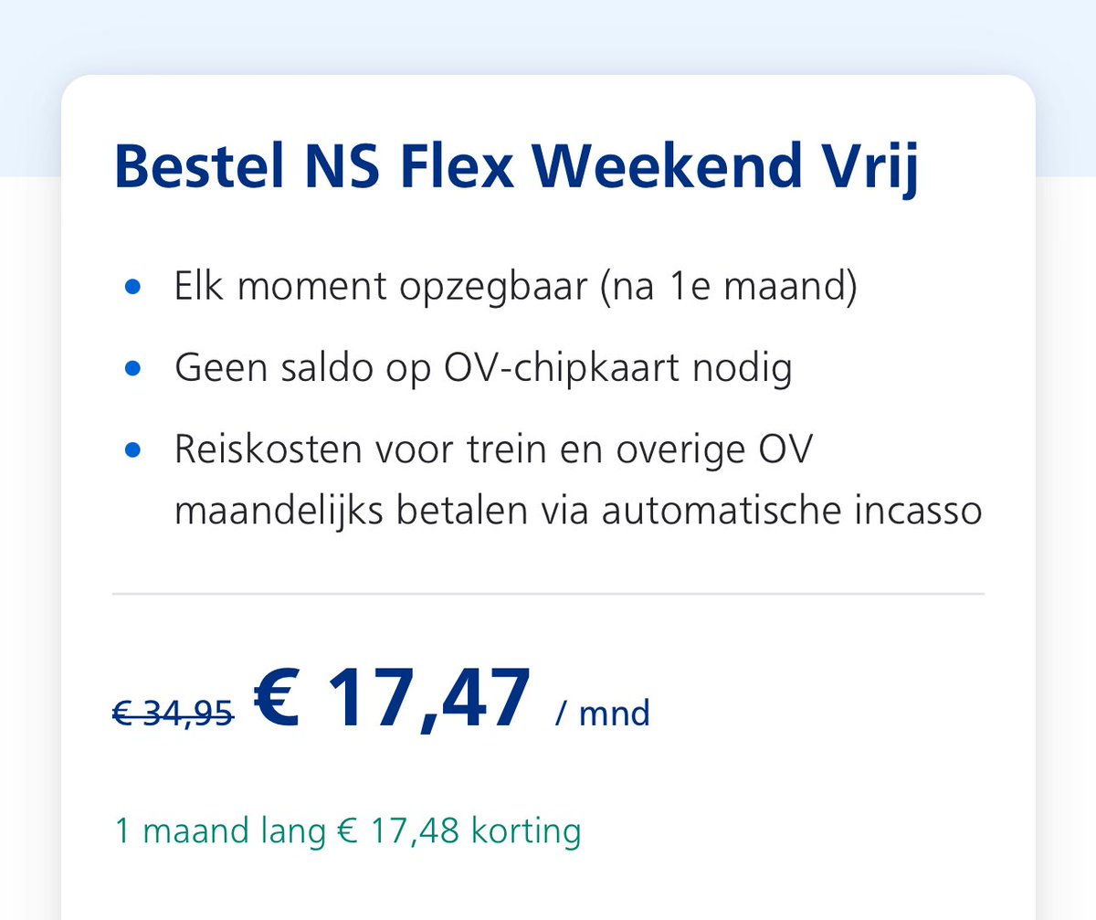 Tip: mega goede actie bij NS: 5 weekenden (30 dagen vanaf activatie) onbeperkt met de trein voor maar €17,50.