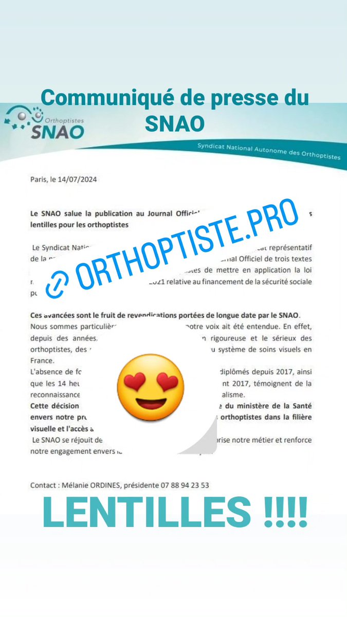 Syndicat National Autonome des Orthoptistes (@orthoptistesnao) on Twitter photo 📢COMMUNIQUE DE PRESSE📢
Publication au JO des textes pour la primo-prescription des lentilles par les orthoptistes
orthoptiste.pro/informations/c…
<a href="/snof_org/">SNOF</a> <a href="/Sante_Gouv/">Ministère de la Santé et de l'Accès aux soins</a> <a href="/OrthoptisteSNAO/">Syndicat National Autonome des Orthoptistes</a> 📢COMMUNIQUE DE PRESSE📢
Publication au JO des textes pour la primo-prescription des lentilles par les orthoptistes
orthoptiste.pro/informations/c…
<a href="/snof_org/">SNOF</a> <a href="/Sante_Gouv/">Ministère de la Santé et de l'Accès aux soins</a> <a href="/OrthoptisteSNAO/">Syndicat National Autonome des Orthoptistes</a>