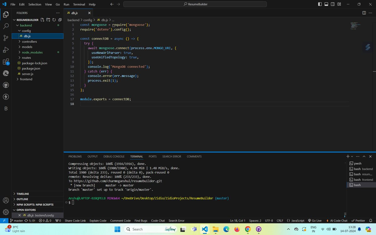 ChanpuriaA67314's tweet photo. 🚀 Day 25 of #100DaysOfCode 📷Started my first project:a resume builder using MERN stack. Setup,configuration,backend and frontend initialization,folder structure,and dependencies setup completed
@zidioDev
#WebDevelopment #CodeNewbie #MERNStack #ProjectKickoff #LearningInPublic https://t.co/xcr93KBZw1