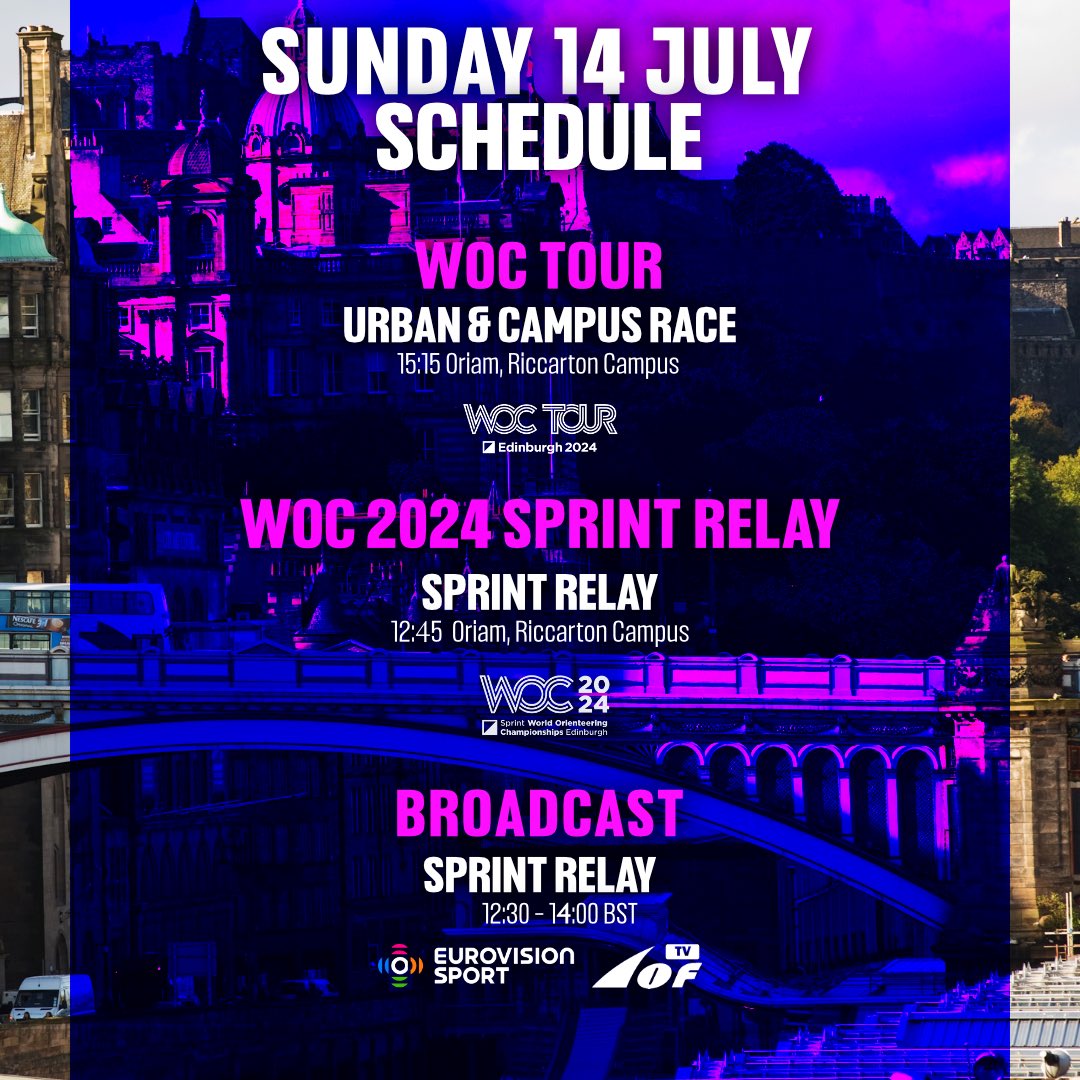 WOC2024 (@woc2024) on Twitter photo Sprint Relay day! Hereโs your Sunday schedule so you donโt miss any of the action ๐
Visit <a href="/EurovisionSport/">Eurovision Sport</a> to get the live broadcast of the Sprint Relay ๐น
Who do you think will win today? ๐
<a href="/EventScotNews/">EventScotland News</a> <a href="/Edinburgh_CC/">The City of Edinburgh Council</a> Sprint Relay day! Hereโs your Sunday schedule so you donโt miss any of the action ๐
Visit <a href="/EurovisionSport/">Eurovision Sport</a> to get the live broadcast of the Sprint Relay ๐น
Who do you think will win today? ๐
<a href="/EventScotNews/">EventScotland News</a> <a href="/Edinburgh_CC/">The City of Edinburgh Council</a>