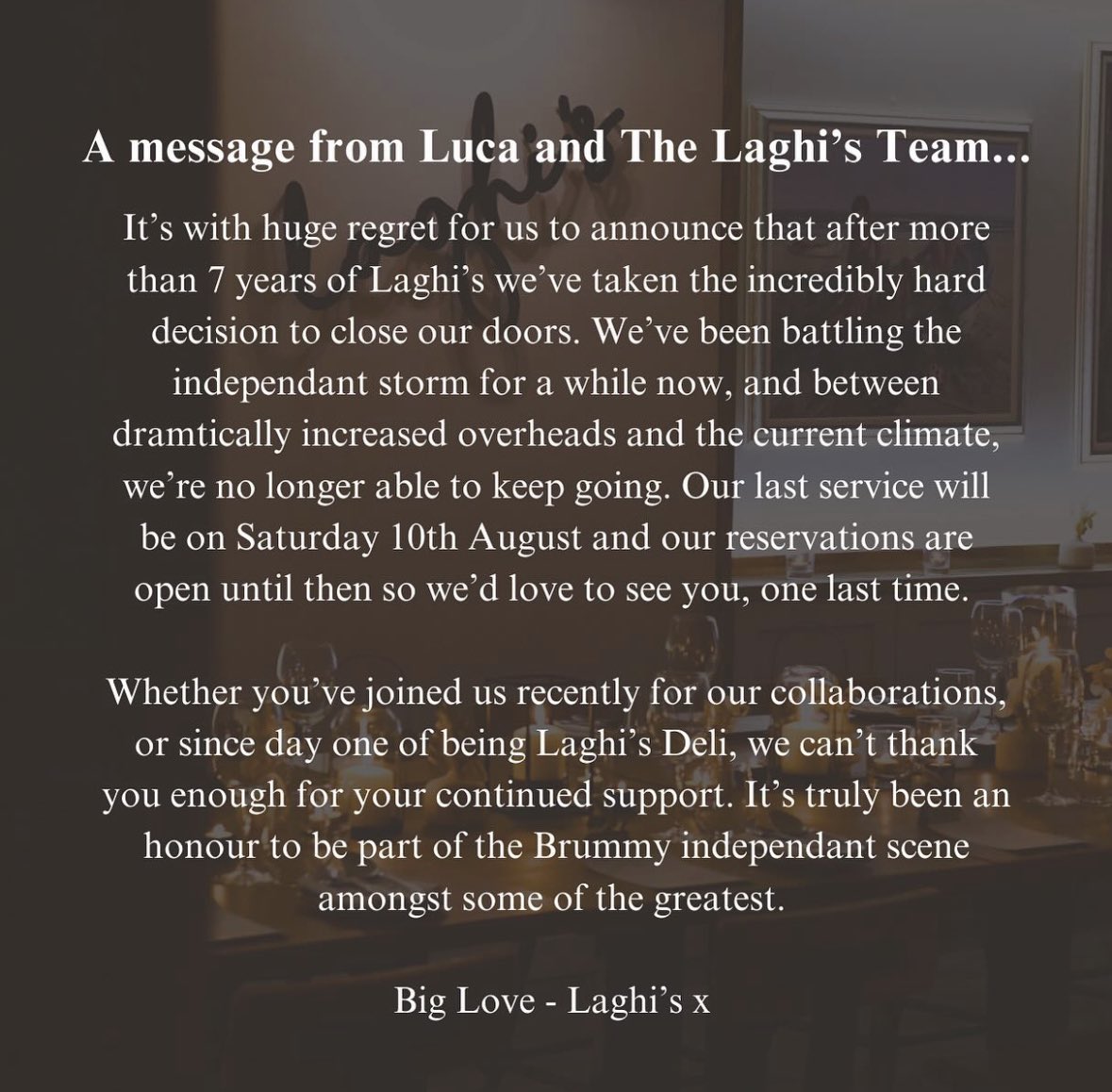 Another sad loss for Brum’s indie scene. Please if you can, go visit and support Laghi’s before they close their doors on 10 August 💔

Once again, a stark reminder on why it’s so important to support our local independents. It’s so tough for indie businesses right now.
