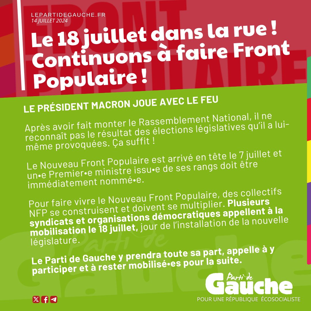 LePG's tweet image. Le #PartideGauche exige un•e Premier•e ministre issu•e du Nouveau Front Populaire.

Nous appelons à la mobilisation le 18 juillet et à la constitution de comités partout pour l'application du programme du #NouveauFrontPopulaire.

lepartidegauche.fr/?p=7432