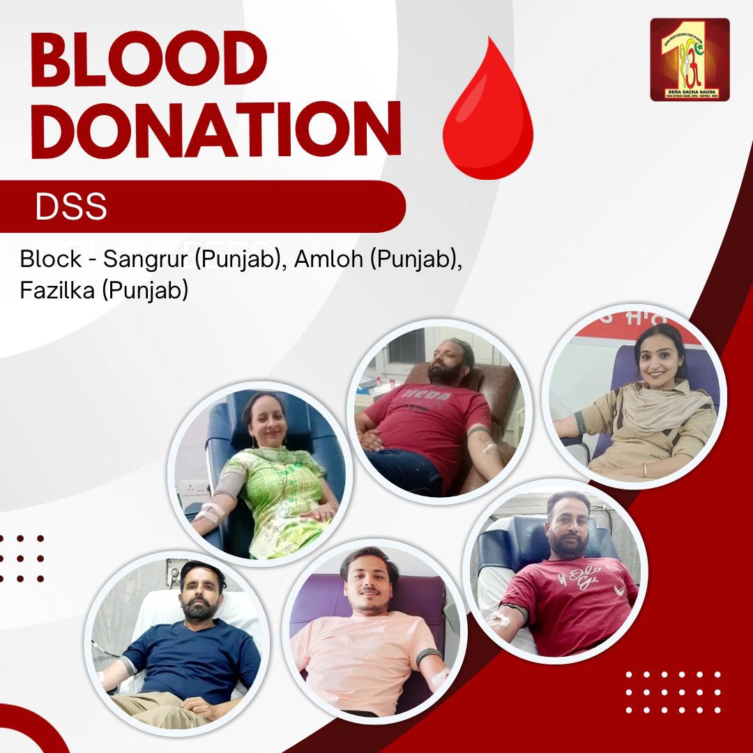 DSSNewsUpdates's tweet photo. Blood donation is a gift that keeps on giving. Dera Sacha Sauda volunteers recently stepped up to donate blood for patients in need. Their act of kindness, inspired by the teachings of Saint MSG Insan, is a powerful reminder that even a small act can make a world of difference. It takes less than an hour of your time and can be life-saving for someone in need.  Show your compassion and donate blood today!  #BloodDonation #SavingLives #DeraSachaSauda