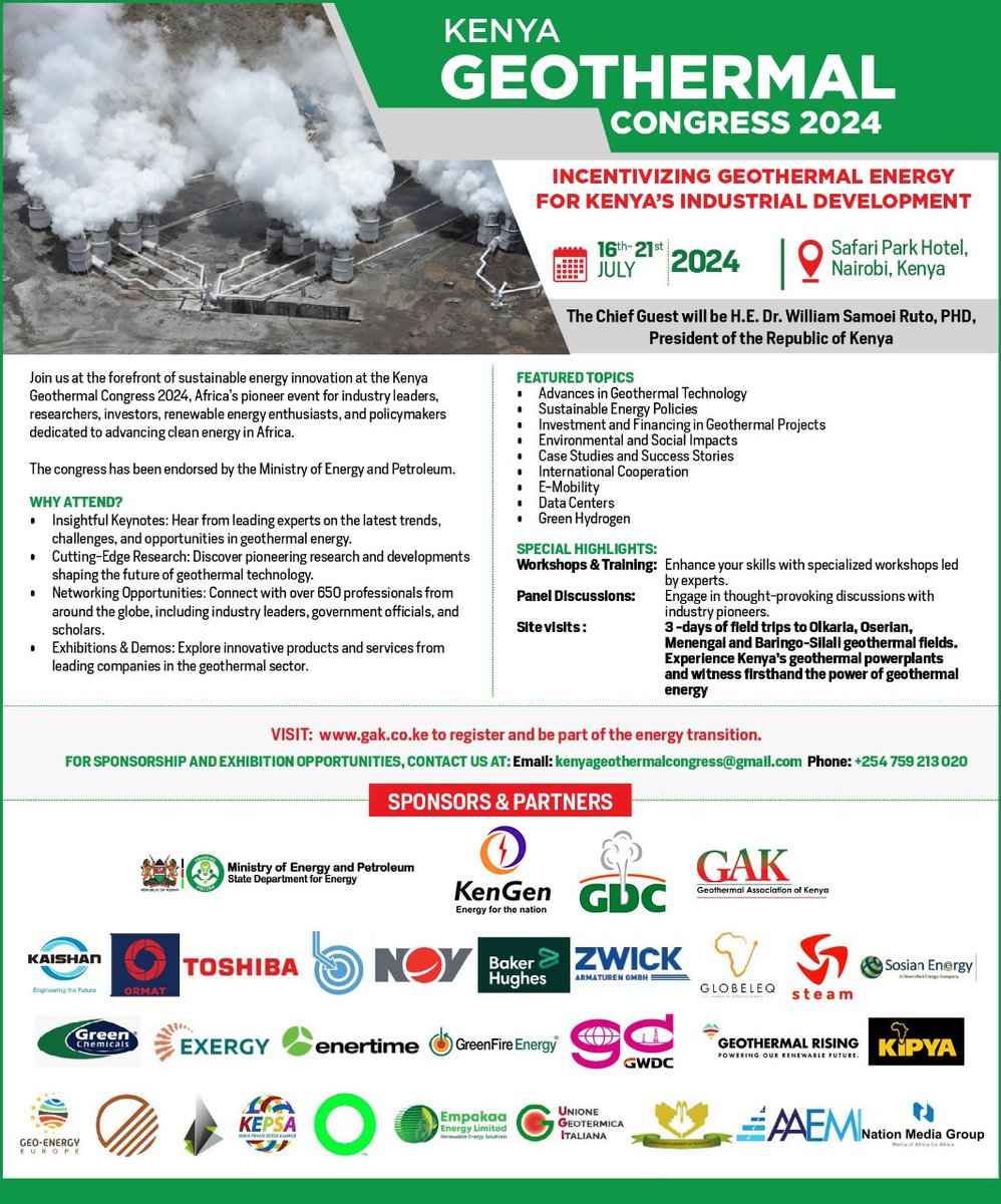 KenGenKenya's tweet photo. KenGen is honoured to be a key partner in the #KGC2024!
The congress themed “Incentivizing Geothermal Energy for Kenya’s Industrial Development” runs from 16th – 21st July 2024, at Safari Park Hotel. 
@EnergyMinK 
@GAK_Kenya 
https://t.co/WbqnQffi5n
#GreenEnergyKE ^EM https://t.co/GTuACMwI1l