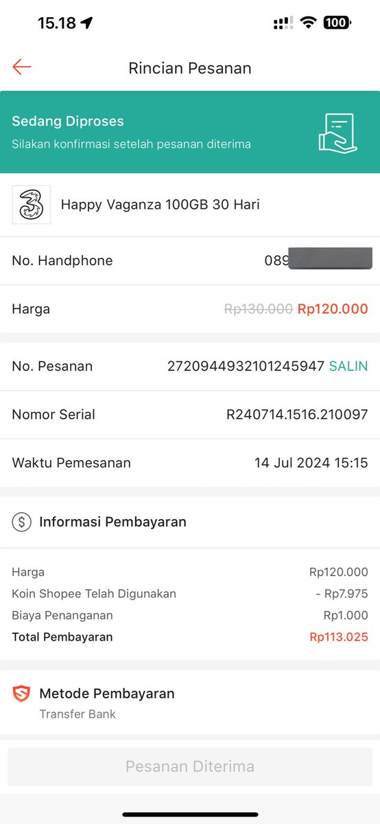 naycillaaa's tweet photo. Gimana? Di Shopee jelas tertera 100GB + 10GB Tiktok.  Setelah order, yang masuk cuma 85GB + bonus 5GB.  @ShopeeID @ShopeeCare @3CareIndonesia https://t.co/nLvWqDRm6P
