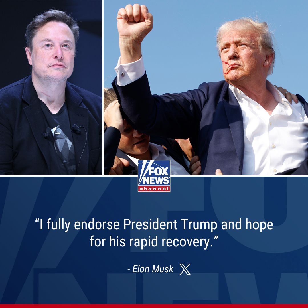 FoxNews's tweet photo. Billionaire @elonmusk comes out in support of former President Trump after possible gunfire rang out at a Pennsylvania rally. https://t.co/BSDj6eFPyJ