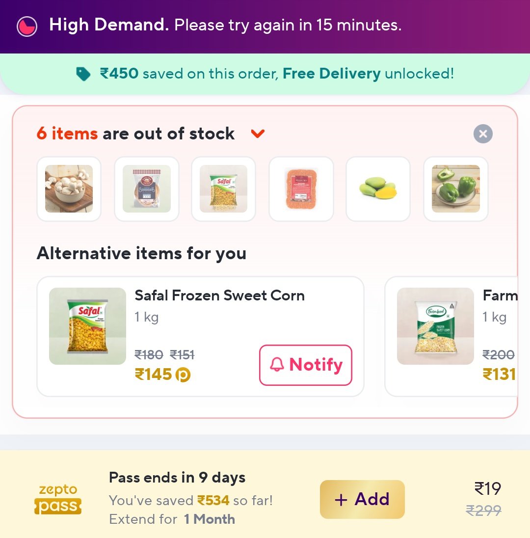 HeyHarshi_'s tweet photo. Zepto Pass ends in 9 days, not able to order from last 2 days due to high demand. While orders are accepted from a new account. What is this behaviour @ZeptoNow https://t.co/kHc2ujMkAt