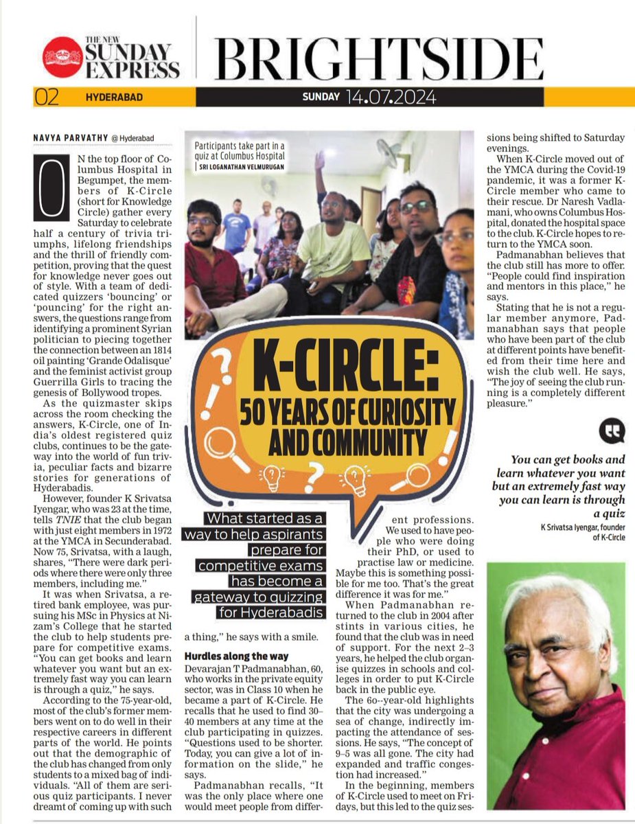 NavyaParvathy's tweet photo. #Brightside: Looking for a new Saturday activity? Check out @KCircleQuizzing , one of India’s oldest registered quiz clubs, which continues to be the gateway into the world of fun trivia for generations of Hyderabadis.
@NewIndianXpress @XpressHyderabad @Kalyan_TNIE @PrasannaRS2 https://t.co/dO1ZJlBM7W