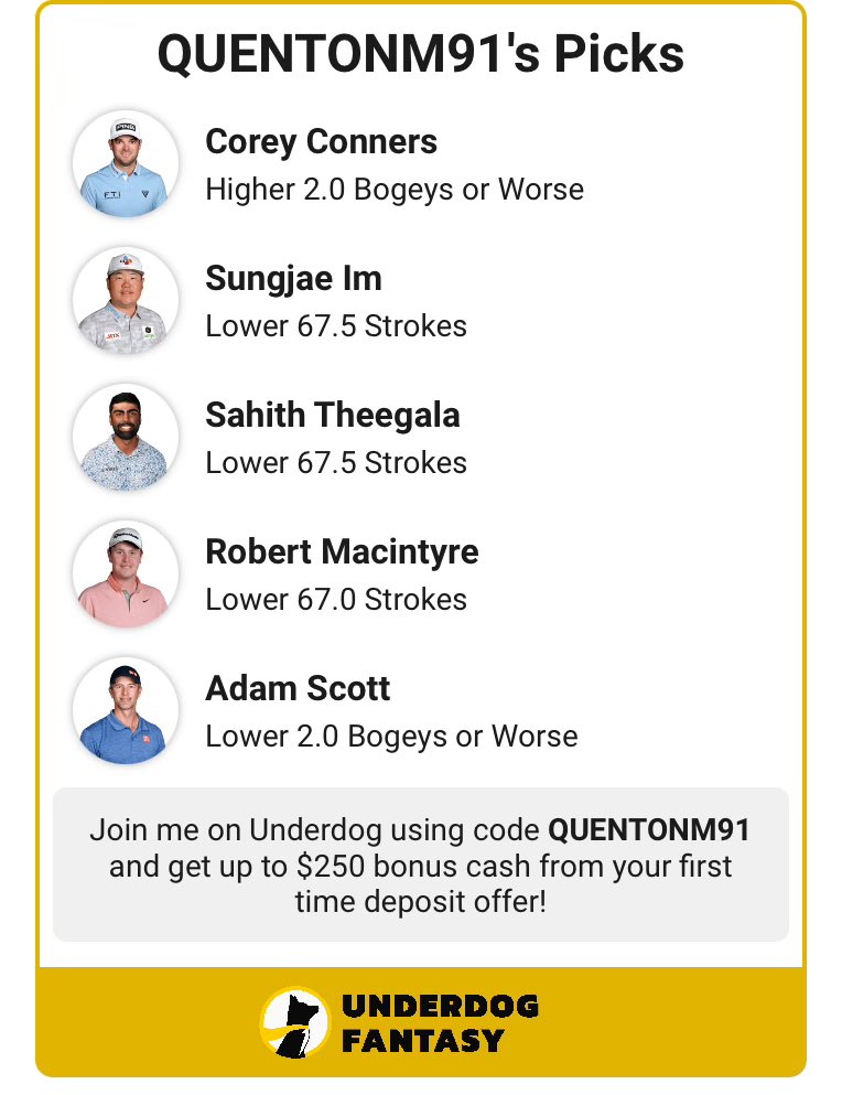 2 pic. My #golf picks locked in #PrizePick #sportsbets #PGA Show off your sports knowledge by making picks on Underdog! Join me on Underdog using code QUENTONM91 and get up to $250 bonus cash from your first time deposit offer. https://t.co/qqmaIX14O4 https://t.co/HP7NEghYSI