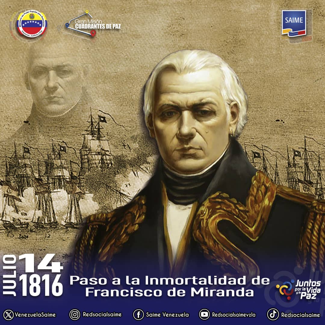 rrssfalcon's tweet photo. Este 14 de julio conmemoramos 208 años del Paso a la Inmortalidad del prócer Francisco de Miranda.
Miranda fue un político,militar y escritor caraqueño,considerado como el precursor de la emancipación de las colonias hispanoamericanas. Conocido como el primer venezolano universal https://t.co/fAA3pZZBKv