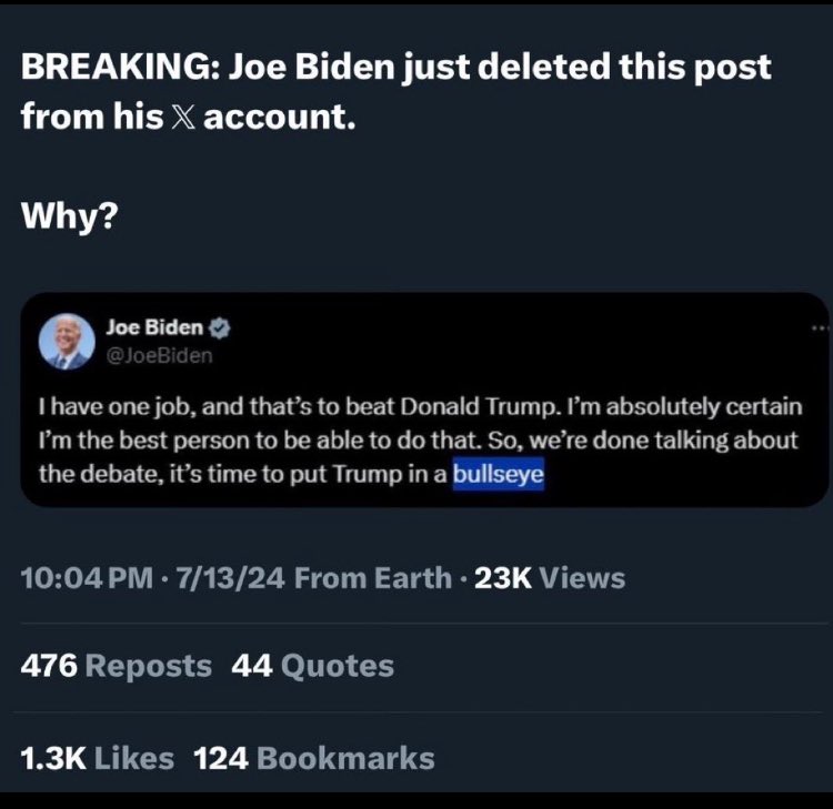 Did Biden just really delete 
this from his account?

Huh 🤔 WTH is this? 

“It’s time to put Trump in the bull’s-eye “ 

was deleted from Biden’s account. 

Oh my God. ! 

what do you think about this? 

🇺🇸🌿🌹🇺🇸🌿🌹🇺🇸🌿🌹🇺🇸🌿🌹