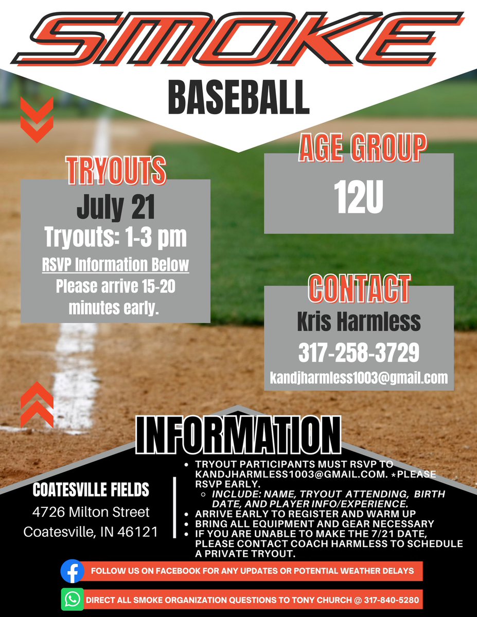 INDIANA SMOKE 12U Baseball tryouts are on July 21st.  See the flyer below for more information.