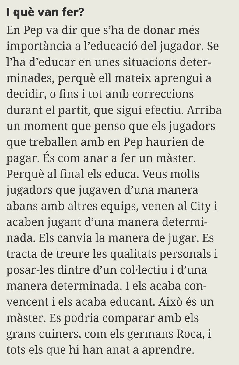futbolxvenas's tweet photo. "Pep (Guardiola) dice que se debe dar más importancia a la educación del jugador. Se le debe educar en unas situaciones determinadas para que él mismo aprenda a decidir"
"...los jugadores con Pep es como hacer un master."
Carles Planchart,analista con Guardiola https://t.co/m7TMU7wEcc