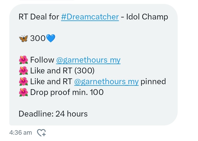 dongtasticnamu's tweet photo. RT Deal for #Dreamcatcher - Idol Champ

🦋 300💙

🌺 Follow @garnethours_my 
🌺 Like and RT (300)
🌺 Like and RT @garnethours_my pinned
🌺 Drop proof min. 100

Deadline: 24 hours https://t.co/aRZhumpNxm