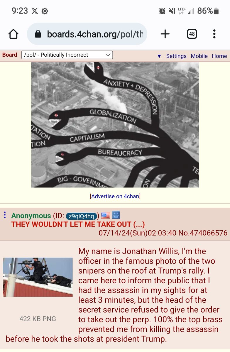 realDavidBauer's tweet photo. Found on 4chan:

"My name is Jonathan Willis. I'm the officer in the famous photo of the two snipers on the roof at Trump's rally. I came here to inform the public that I had the assassin in my sights for at least 3 minutes, but the head of the secret service refused to give the order to take out the perp. 100% the top brass prevented me from killing the assassin before he took the shots at president Trump."

Source: https://t.co/reQnhr3YHU