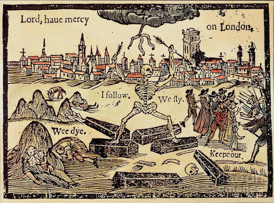 The Great Plague of London killed an estimated 100,000 people. This artwork is from a 1625 pamphlet, "A Rod for Runawayes", by Thomas Dekker. It shows Death chasing people out of London, and rural people, who were fearful of the plague, driving them back.