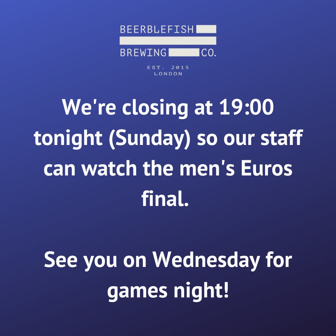 We've been football free throughout the Euros and as we're keeping to that tonight, we'll be closing at 19:00 to give our staff time to get home and watch the match. #walthamstow