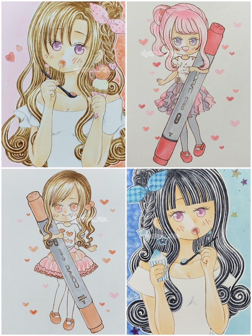 #三連休はフォロワーが増えるらしい
#夏の創作クラスタフォロー祭り

既作ばかりでスミマセン🙏🏻💦
コピックで等身大・デフォルメの女の子を描いております🎨
(ちなみに2枚目と3枚目はお菓子の擬人化です！)
全反応ゆっくり巡回します👍🏻✨
素敵なご縁がありますように(人˘︶˘＊)