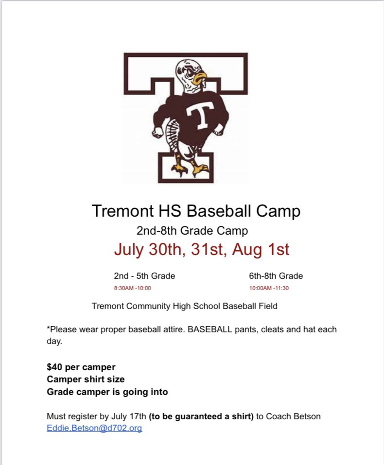 Calling on all grade school Tremont baseball players. Great opportunity to come meet the new HS coaches and some current players!
