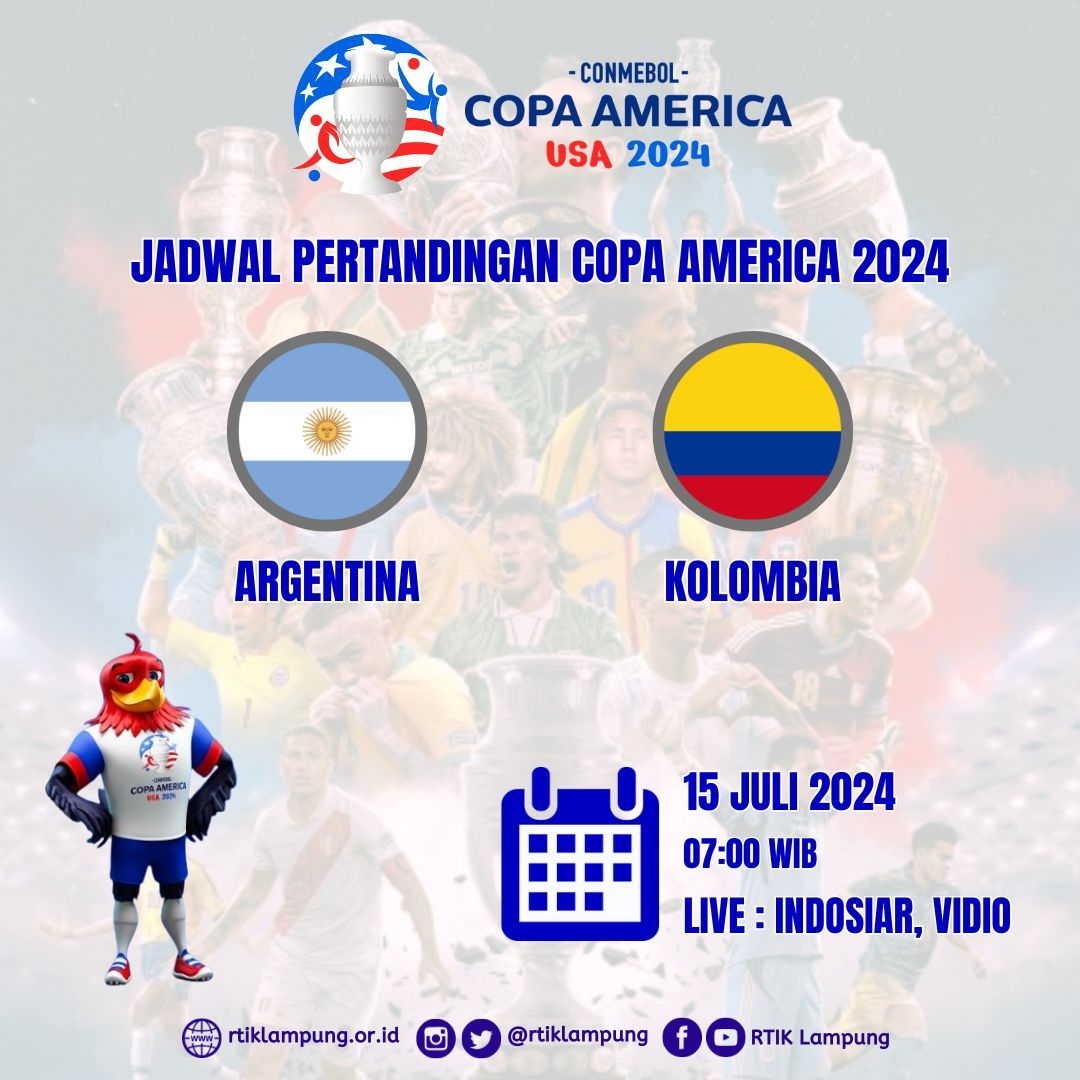 Jadwal Final Copa America 2024

Argentina vs Kolombia

15 Juli 2024 (07:00)

Live  Indosiar &amp; Vidio

#copaamerica2024
#football
#sepakbola
#rtiklampung
#lampung