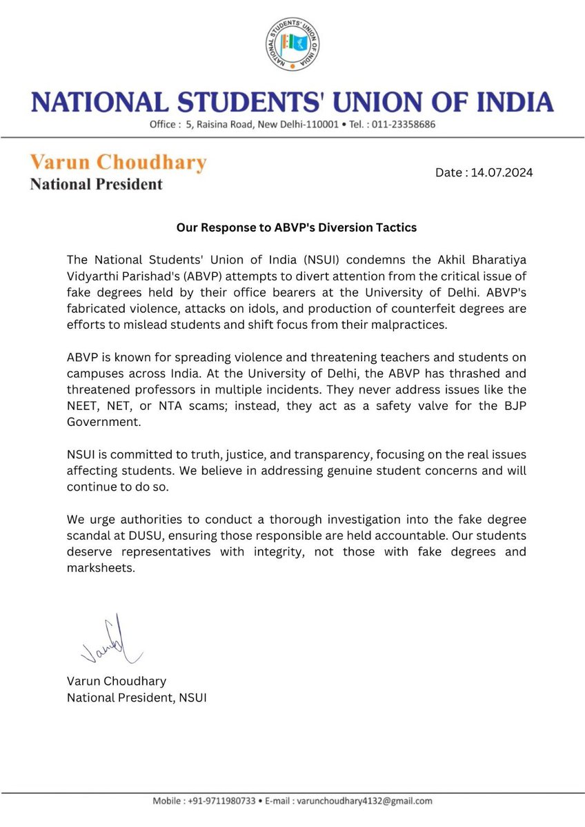 NSUI condemns ABVP's politics of violence and threats against students and teachers. 

Their attempts to divert from the fake degree scandal won't work. 

Students deserve honest representation, not intimidation and malpractice.