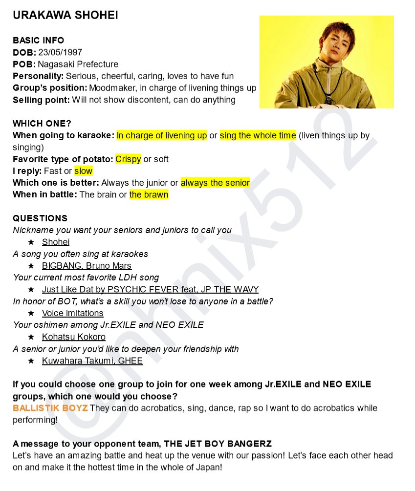 nhnix512's tweet photo. BATTLE OF TOKYO ~Jr.EXILE vs NEO EXILE~
THE RAMPAGE Profile Sheet
#RIKU
#KAMIYAKENTA
#IWAYASHOGO
#URAKAWASHOHEI
#THERAMPAGE
#BATTLEOFTOKYO
Source: https://t.co/SFH7Tp0V4X
(apologies for any inaccuracies 🙇♀️) https://t.co/pYvmr5XXSQ