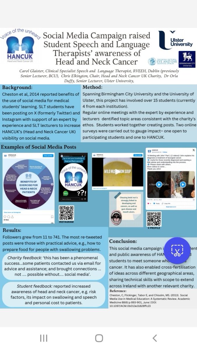 HANCUK have been working with trainee SLTs from Birmingham City and Ulster University to improve social media coverage and raise awareness of head and neck cancer. Results in poster shown at Kilkenny conference of Irish H&amp;N .