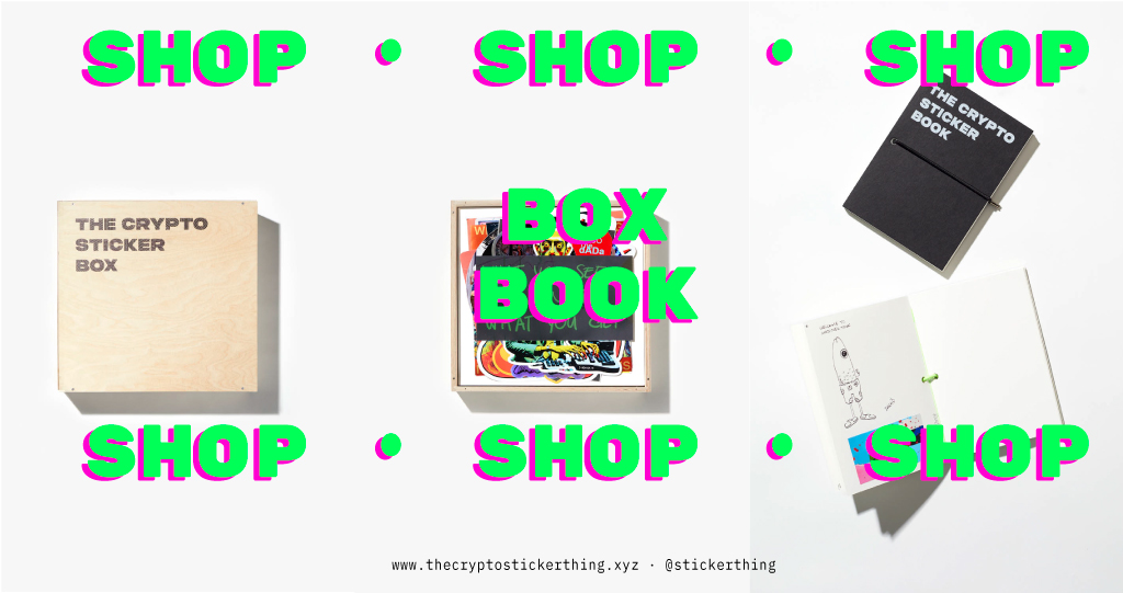 DROP now . SHOP now

The box and book sale is live. Visit thecryptostickerthing.xyz/shop to place your order.

#cryptosticker #stickerculture #stickers #art #cryptoart #digitalart #analogart #ordinals #physical #digital #itsart #itsrare