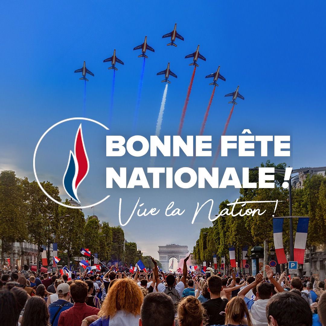 Françaises, Français, joyeuse Fête nationale ! 🇫🇷

En ce #14Juillet, nous célébrons notre nation, sa belle et grande histoire ainsi que tous ceux qui la protègent chaque jour avec dévouement et courage.