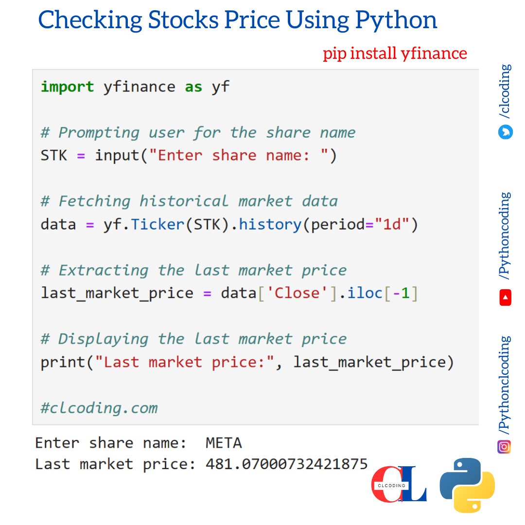 clcoding's tweet photo. Checking Stocks Price Using Python https://t.co/hv0hk1heP1