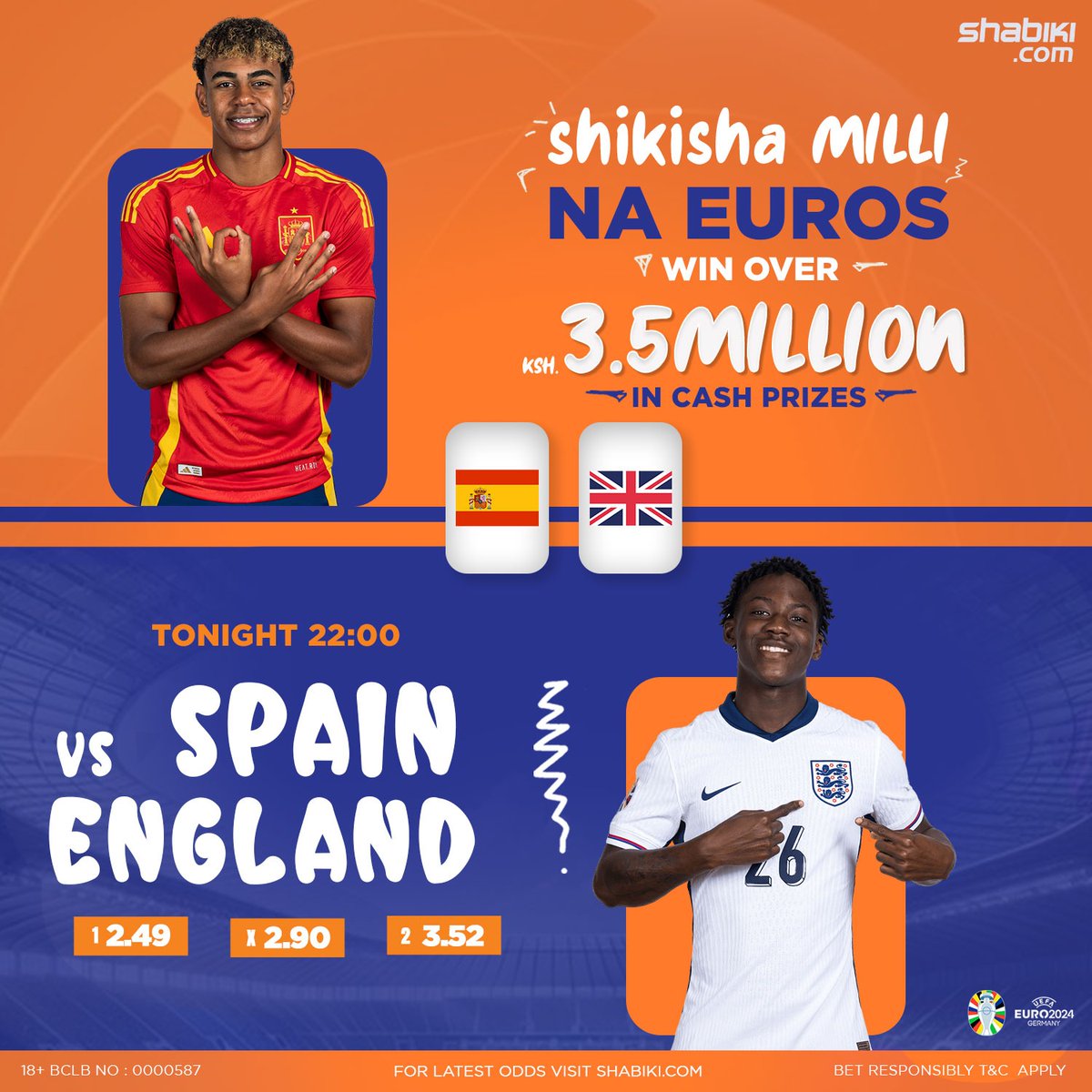Shabiki_Ke's tweet photo. Yoooh😊Tuko finals sasa���⚽

Nani wataanguka nayo?? 🤭Spain 🇪🇸 ama England  🏴󠁧󠁢󠁥󠁮󠁧󠁿 

Good news 👉 for the correct PREDICTION,  utapata 500 FREE BET ama Gift hampers 🥳🥳

1M Grand Prize Loading!!!

#ShikishaMilliNaEuros
#shabikieuros2024 https://t.co/BOUXNsWHcz