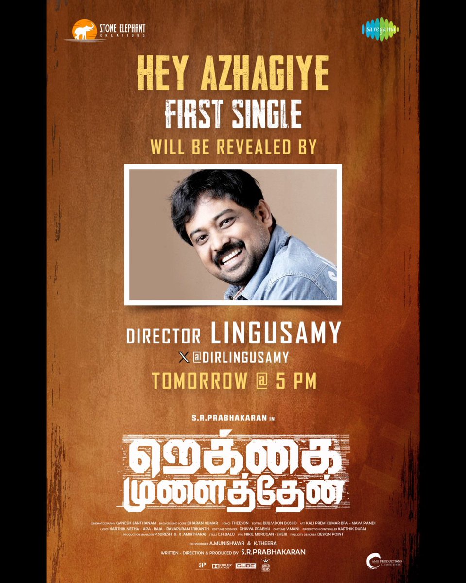DeepakameRam's tweet photo. #StoneElephantCreations presents #SRPrabhakaran in #RekkaiMulaithen 1st single #HeyAzhagiye to be released by @dirlingusamy tomorrow 5pm

🎙️ @AdithyarkM - @manasimm

✍️ @aparajalyrics

@theeson_music musical

@directorSRP @actortanya @dharankumar_c @karthikduraimdu https://t.co/66snXMcdQG