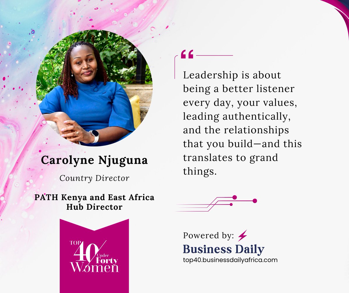 BD_Africa's tweet photo. Carolyne blends village grit and city confidence, viewing life as a game of inches. With an IT background, she joined PATH and now leads WIRED, creating networks for women's success. 

She redefines success holistically, focusing on meaningful change and social impact. “Life is about seasons,” she advises.

Read her full story at https://t.co/GQ8ISegENW

#Top40Under40KE