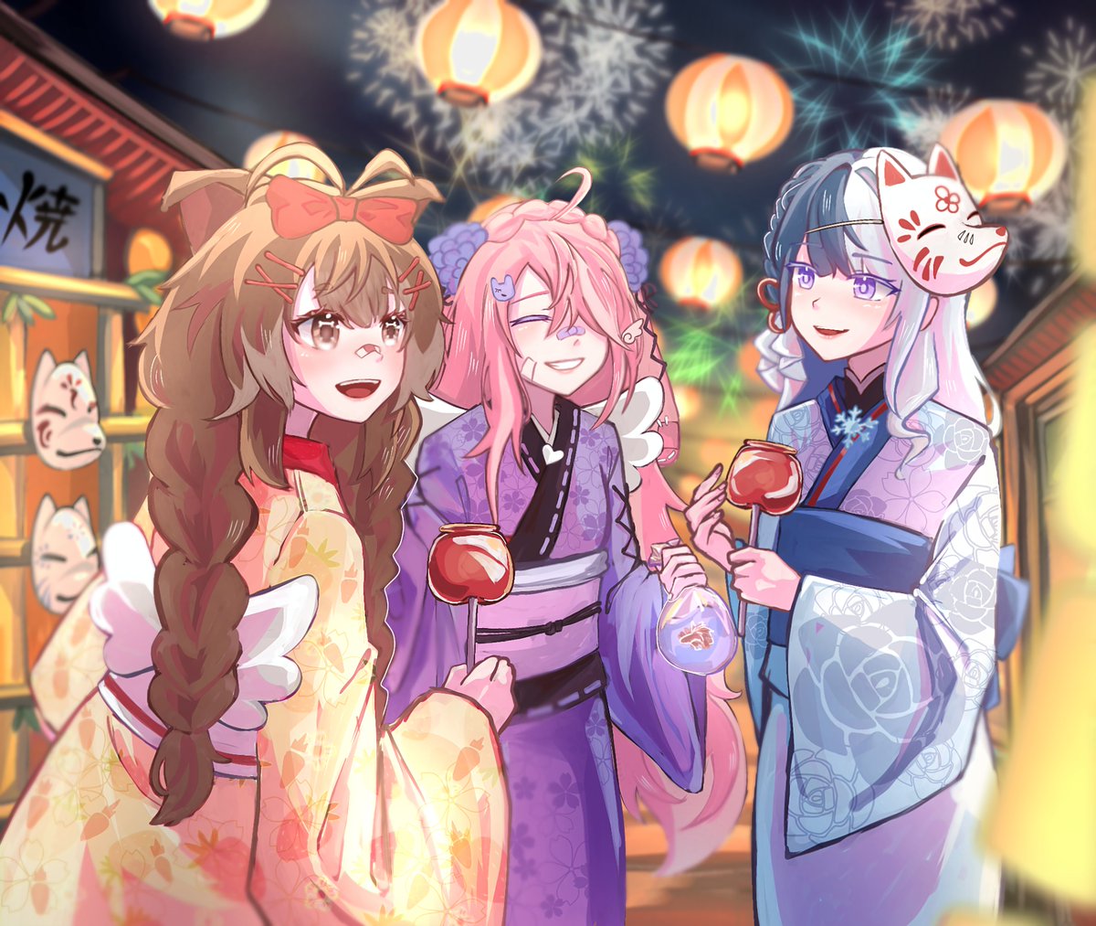 VZero_Group's tweet photo. It's summer... means natsu matsuri~
V0 members are having fun in the festival!

Wait... wha...who was that?! 

🎨: @.ataraxeri 
(Thank you for such wonderful art piece~)

#myberrystarberry #kokokanvas #fuyarto #VTubersAreStillWatching #vzeroillust https://t.co/4DJN5UuwNu