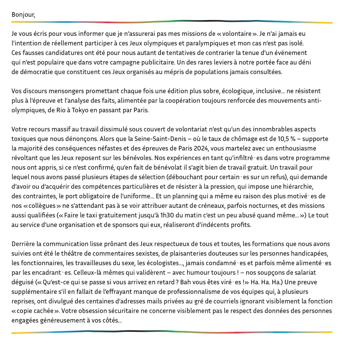 2024Saccage's tweet photo. En ce jour du passage de la flamme olympique à Paris, nous relayons cette lettre d'une involontaire de Paris 2024 qui explique pourquoi elle démissionne de son poste. N'hésitez pas à la relayer et à vous en inspirer pour de futurs démissions ! https://t.co/d6F2nwSqL1