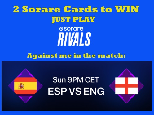 2 <a href="/Sorare/">Sorare</a> Cards to WIN from the Winning Team 🎁💸
 
1️⃣ Play Sorare Rivals against me in the Euro 2024 final match Today. It's Free. 
JOIN➡️ sorare.pxf.io/Spain-England
2️⃣ Comment Your Sorare Name 💬 + RT🔁

All you have to do is Play. 
Results After the Match under this post.