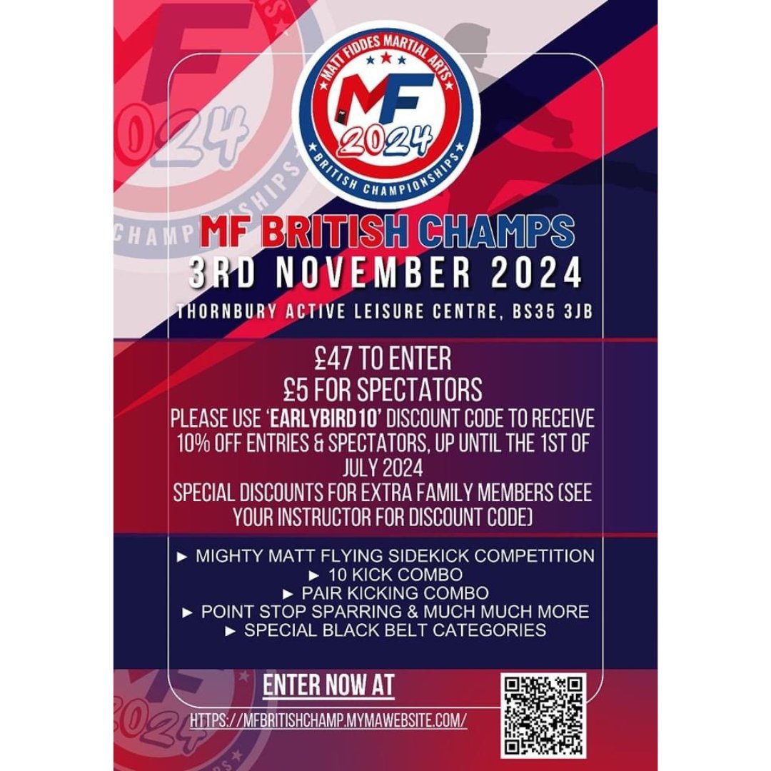 The 2024 MF British Championships!

3rd November at the Thornbury Leisure Centre.

Talk to your instructor for details!