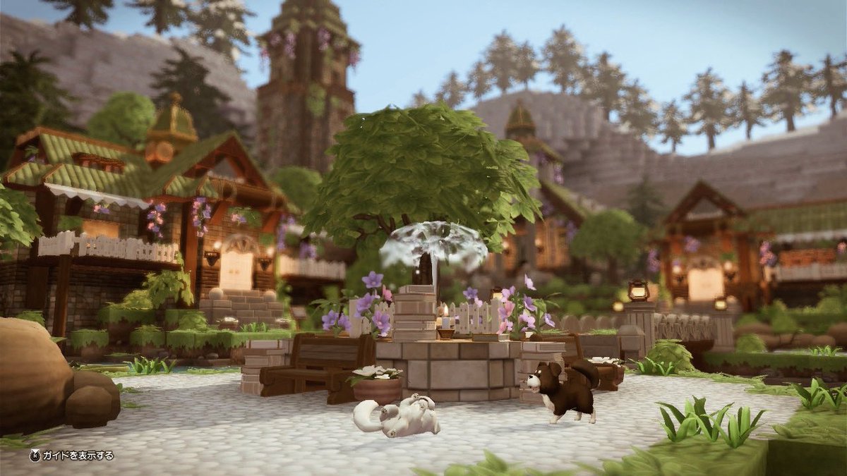 読書したり犬と遊んだり…のんびり過ごす広場が出来ました🐶📔⛲️ #DQB2