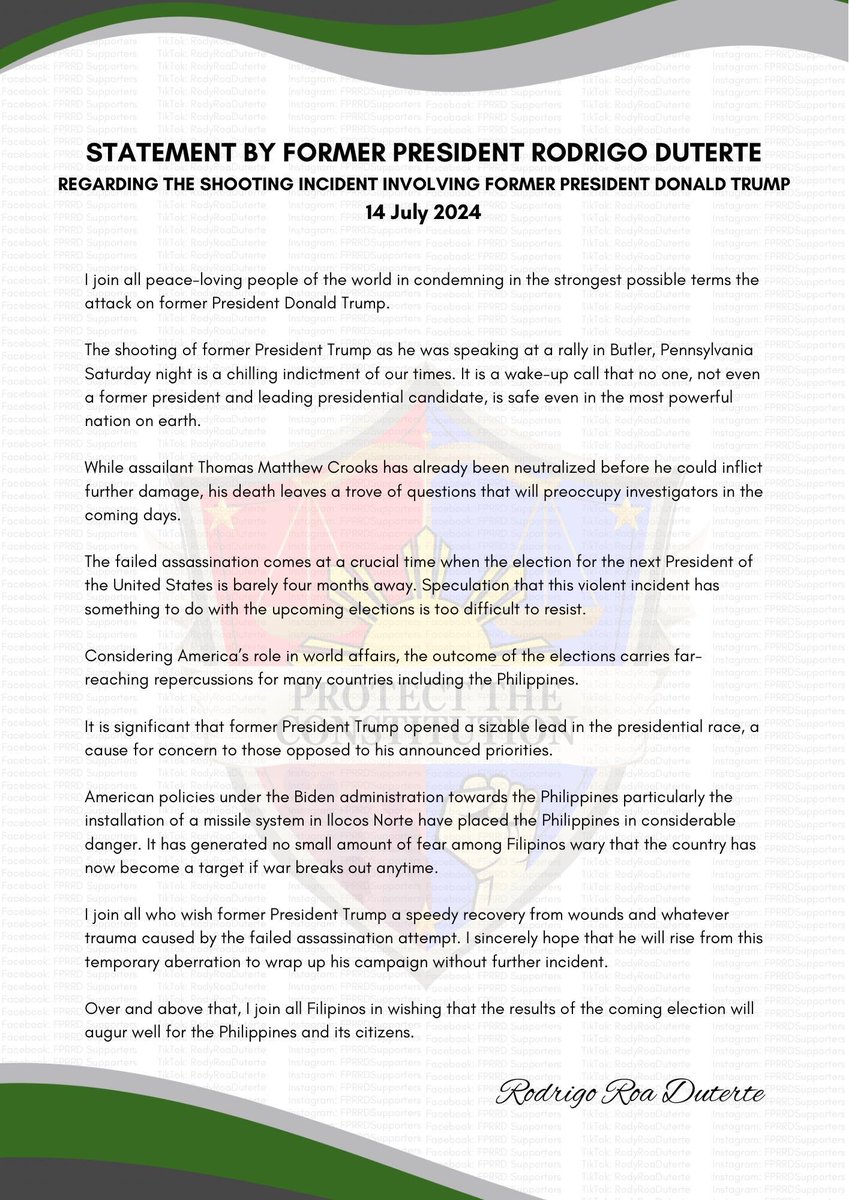 Former president Rodrigo Duterte on Sunday released a statement regarding the shooting incident involving former US president Donald Trump. | via Diana Suelto