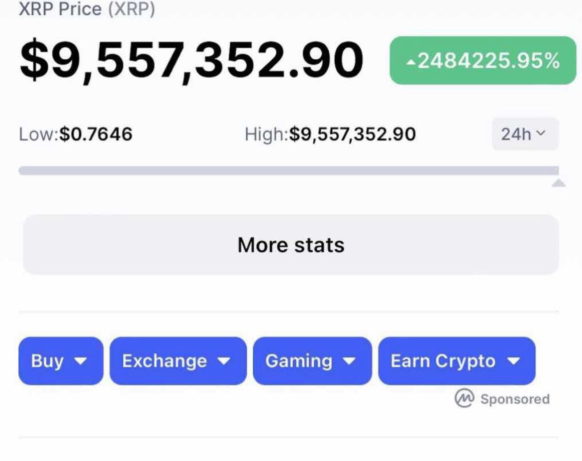 _Crypto_Barbie's tweet photo. WOW! 💥

Another glitch of the #XRP chart on CoinMarketCap - $9,557,352 per XRP! 📈

Do you believe this could be the price per XRP one day? 🤔 https://t.co/NzvZwAEsbo