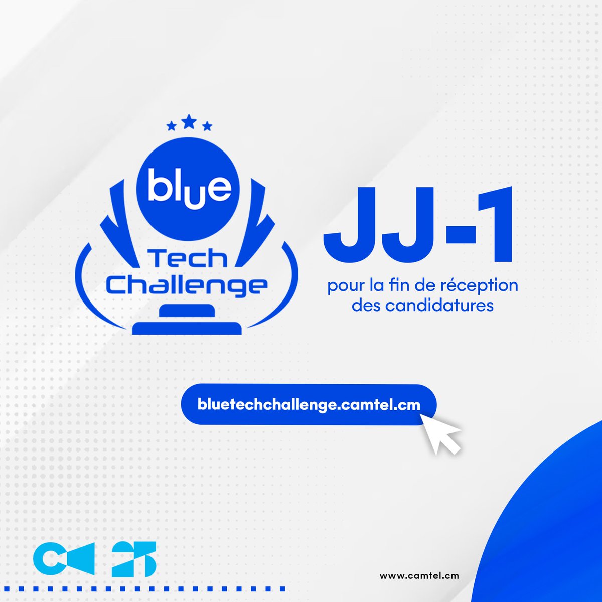 Camtelonline's tweet photo. 🔵Blue Tech Challenge: JJ-1 pour la fin de réception des candidatures.
Postulez sur https://t.co/iYV8adUpJo
-------------------
🔵Blue Tech Challenge: D-Day-1 for the submission deadline!
Apply on https://t.co/iYV8adUpJo
#BlueTechChallenge #Innovation #StartUps #CAMTEL https://t.co/q5RIvS6yDt