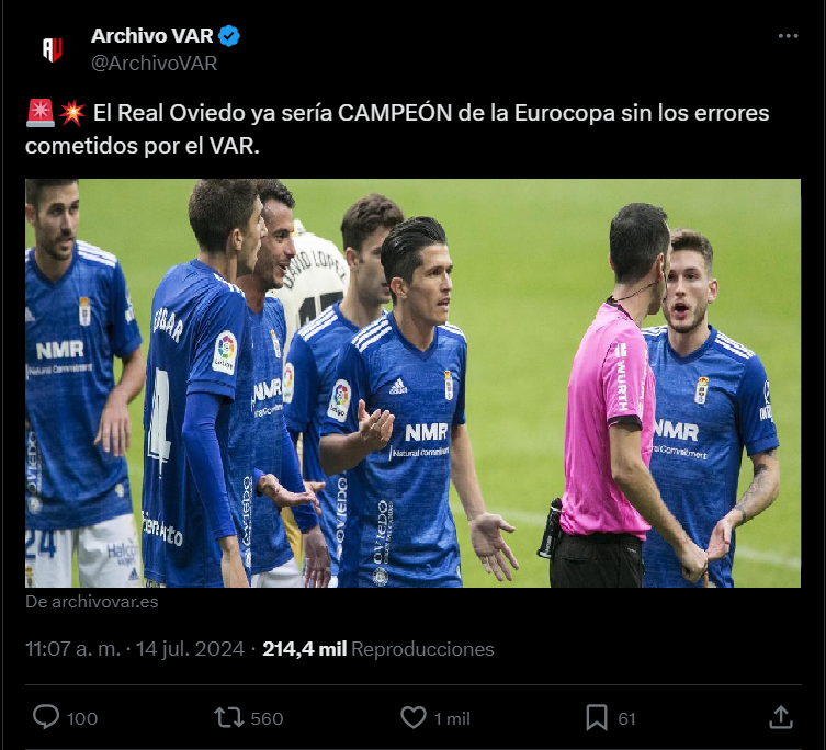 AntiROT's tweet photo. 🧜  Final torpedeada
🧨La UEFA, en entredicho

Según @ArchivoVAR, el Real Oviedo habría ganado esta Eurocopa de no ser por los errores arbitrales.

Sin embargo, esta noche se la jugarán España e Inglaterra en lo que ya es un duelo totalmente descafeinado. https://t.co/TlkUsbNOZj