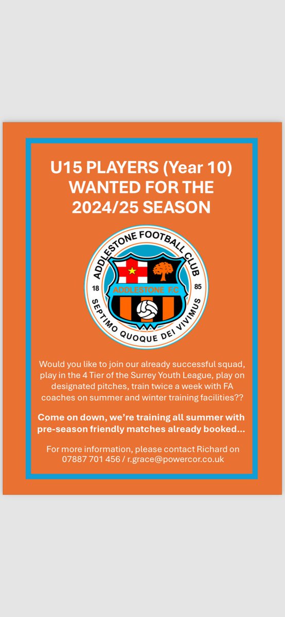 addlestonefc's tweet photo. U15’s player recruitment in full swing! if interested in joining this very successful group please see contact details below: https://t.co/KgUHB55alR