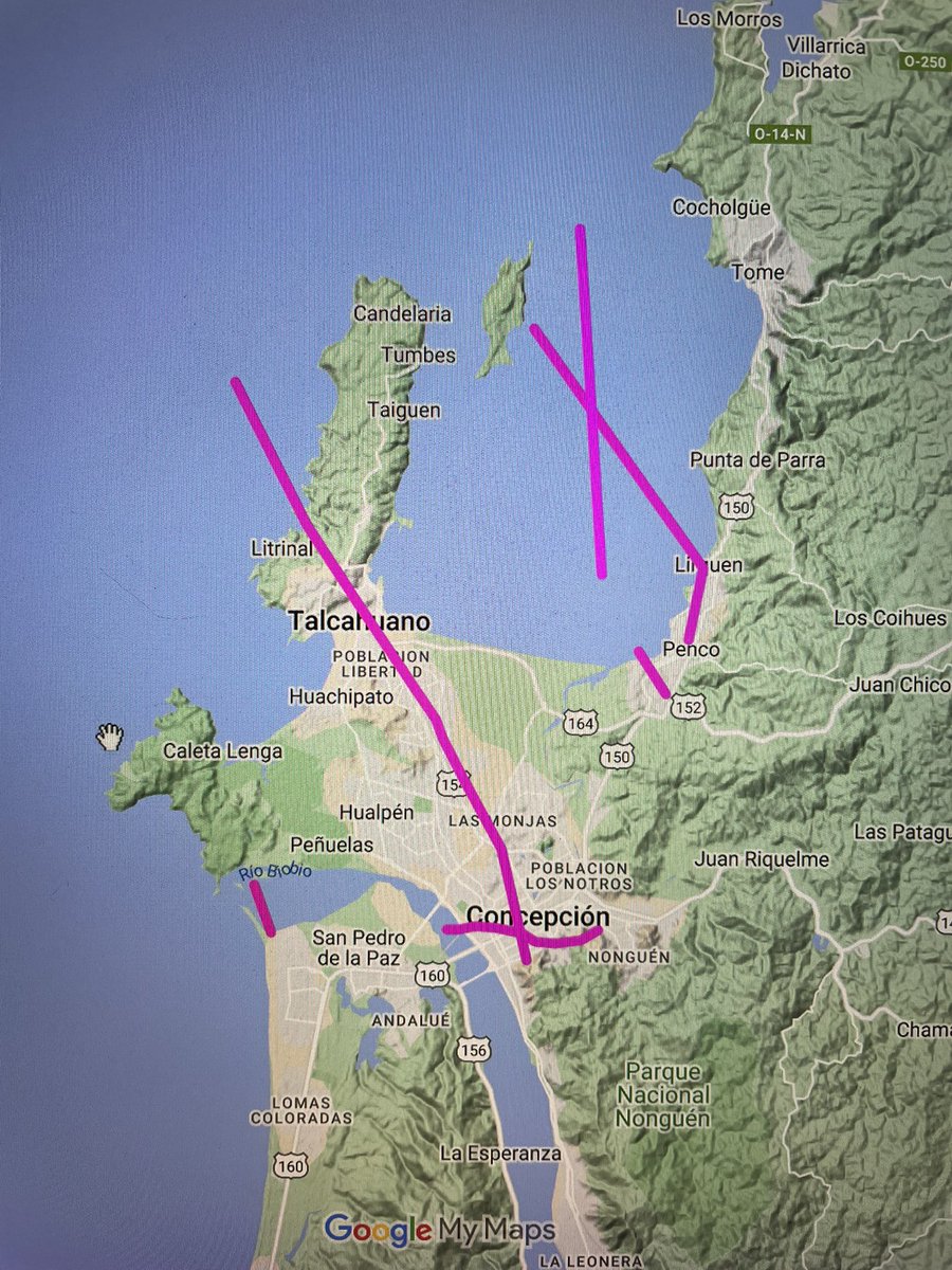 Junto a varios investigadores estamos trabajando en una base de datos de tornados 🌪️ en 🇨🇱. Gracias a la info recopilada, he podido reconstruir la trayectoria de varios tornados históricos y actuales. Un pequeño ejemplo: la bahía de Concepcion concentra 6 🌪️ entre 1934 y 2024