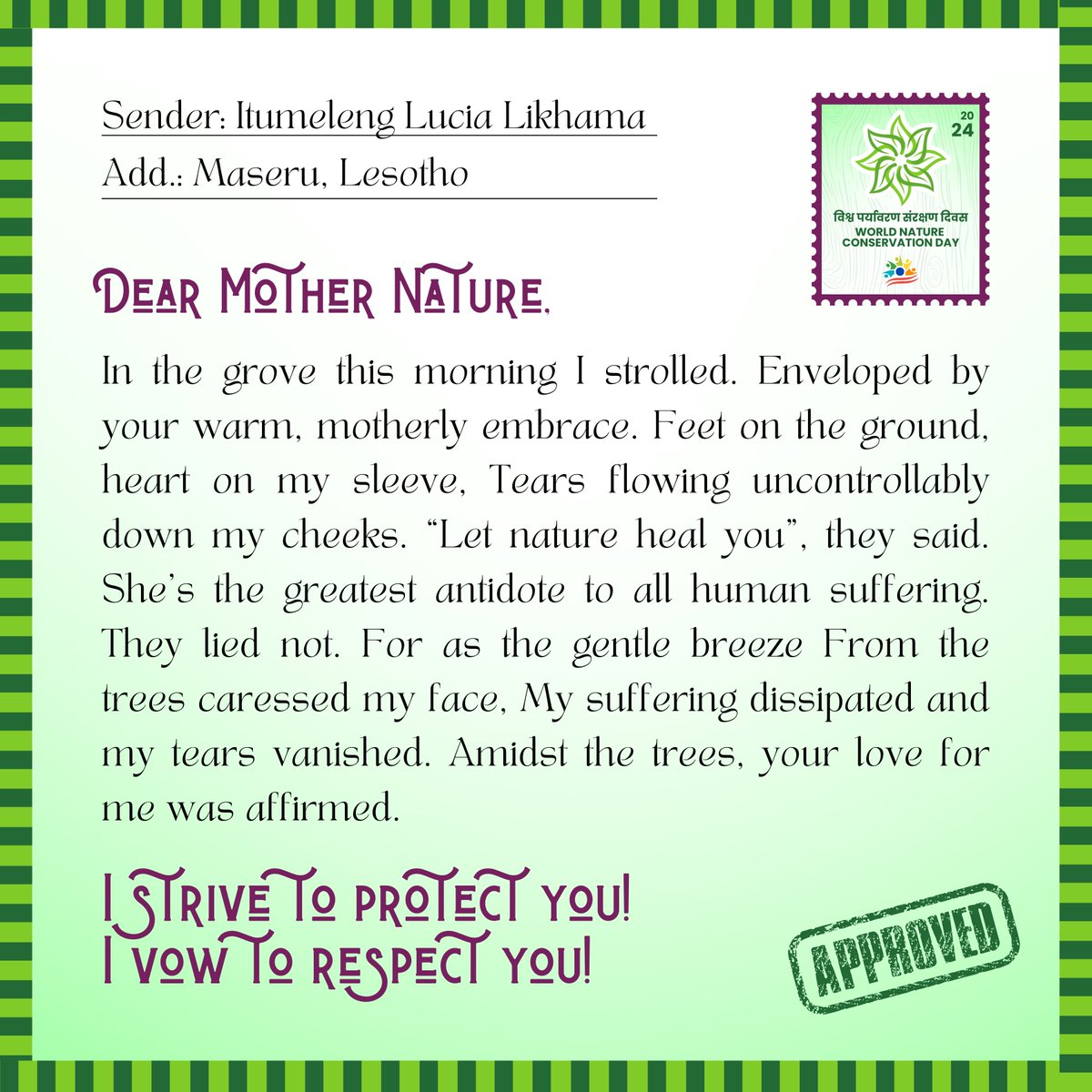 UdaanYouthClub's tweet photo. 🌿 Itumeleng Lucia Likhama from Maseru, Lesotho, shares a soulful tribute to #MotherNature in our 2024 #Global #Postcard Writing Contest. 🌍🌱 Join in honoring our natural world: https://t.co/mZpbBKpmTV 🌍 #DearMotherNature #NatureHealing #ProtectOurPlanet #EnvironmentalRespect https://t.co/lS2ANT27kX